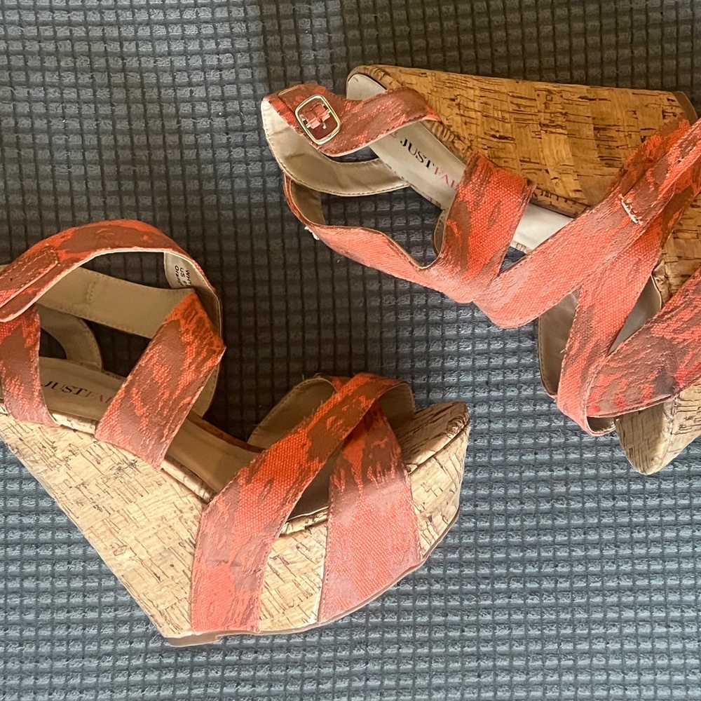 JustFab Coral-Orange Crisscross Cork Wedge Heels